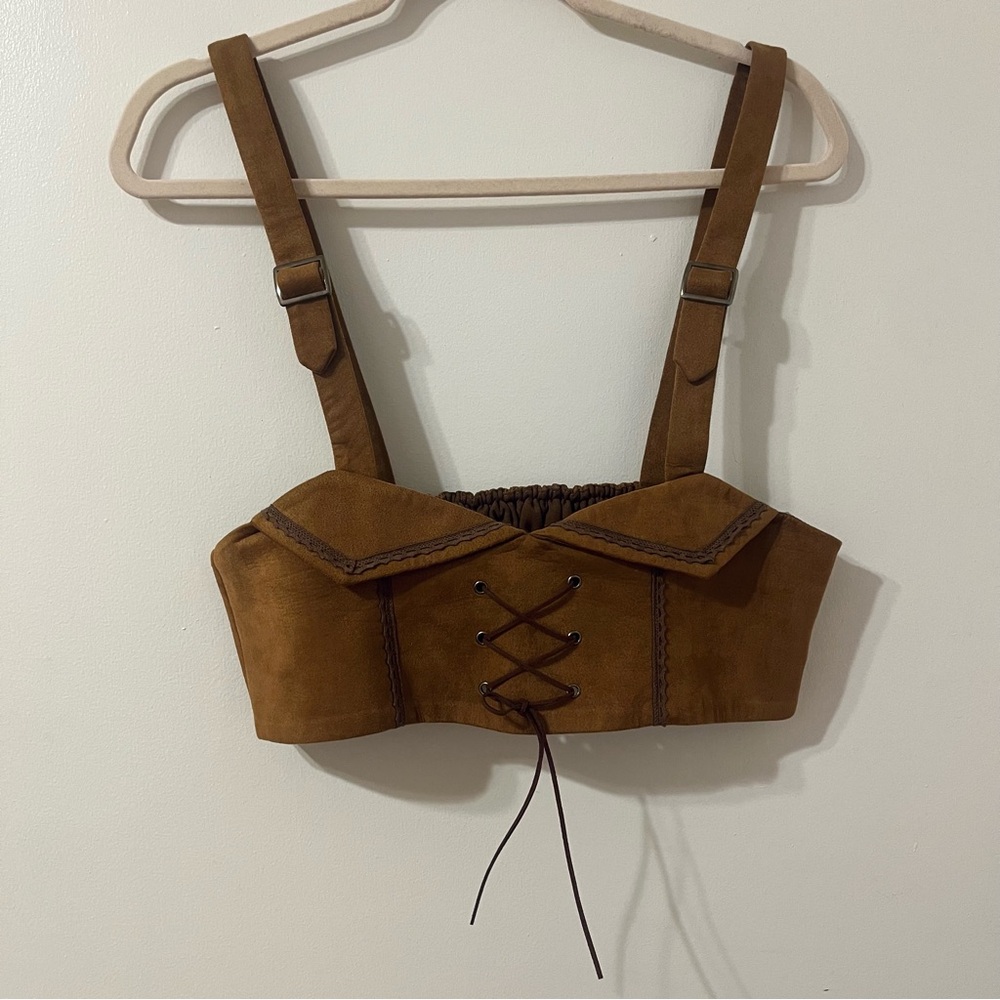 Brown suede Dutch style corset accessory with adjustable straps